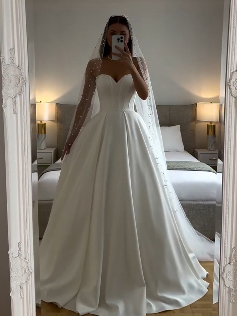 Ball-Gown Sweetheart Rhinestone Floor-Length Satin Wedding Dresses