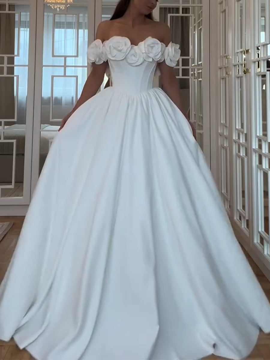 Ball-Gown Off-the-Shoulder Hand-Made Flower Sweep Train Tulle Wedding Dresses