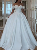 Ball-Gown Off-the-Shoulder Hand-Made Flower Sweep Train Tulle Wedding Dresses