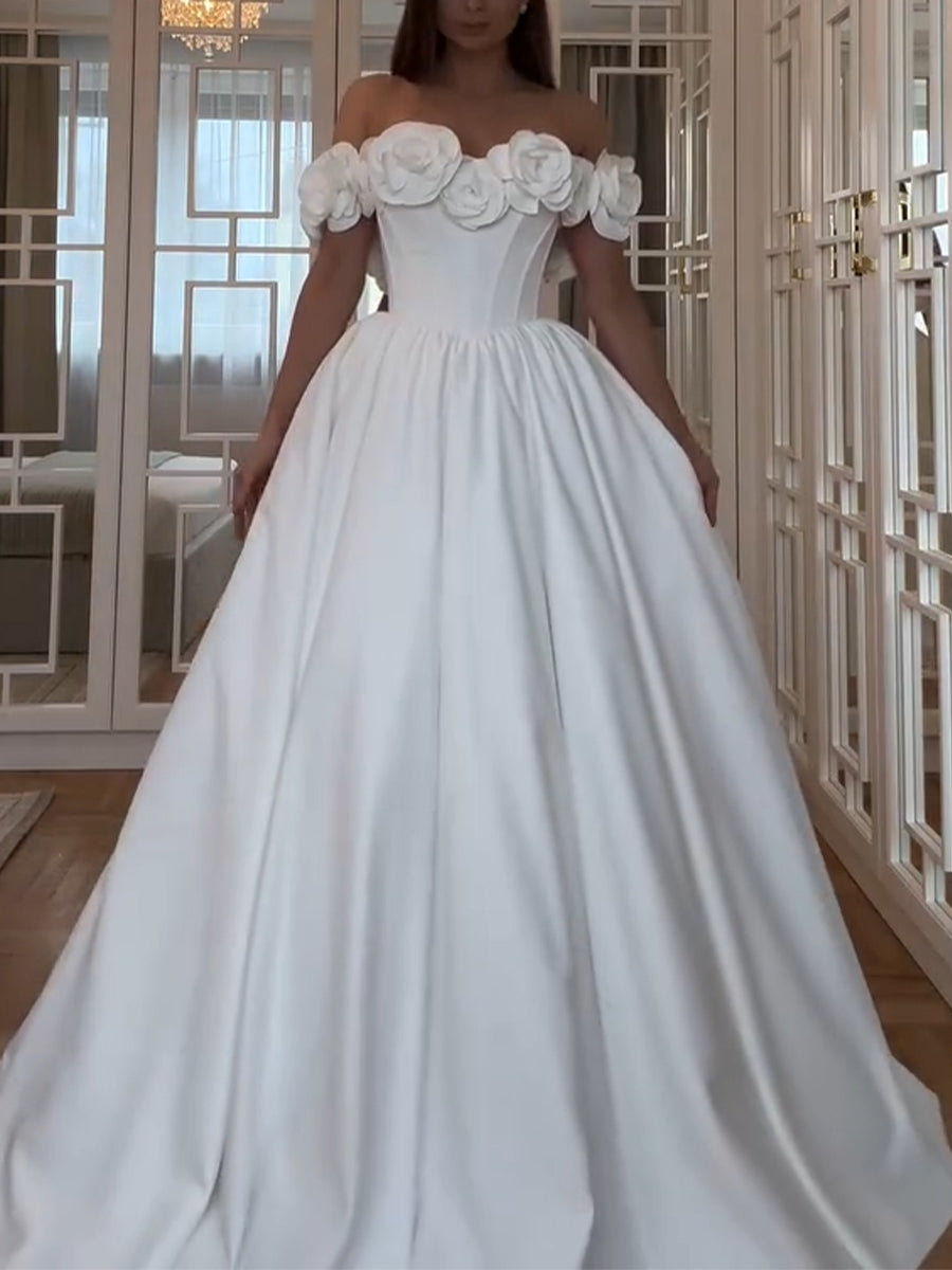 Ball-Gown Off-the-Shoulder Hand-Made Flower Sweep Train Tulle Wedding Dresses