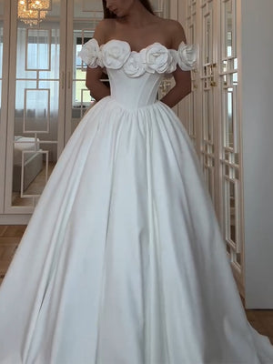Ball-Gown Off-the-Shoulder Hand-Made Flower Sweep Train Tulle Wedding Dresses