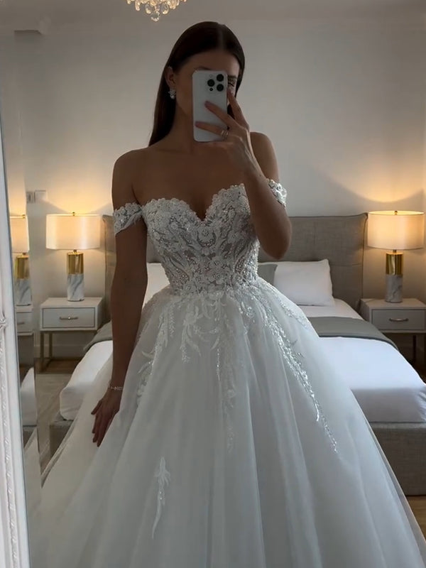 Ball-Gown Off-the-Shoulder Appliques Lace Floor-Length Tulle Wedding Dresses