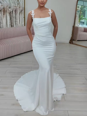Sheath/Column Straps Appliques Lace Sweep Train Silk Like Satin Wedding Dresses