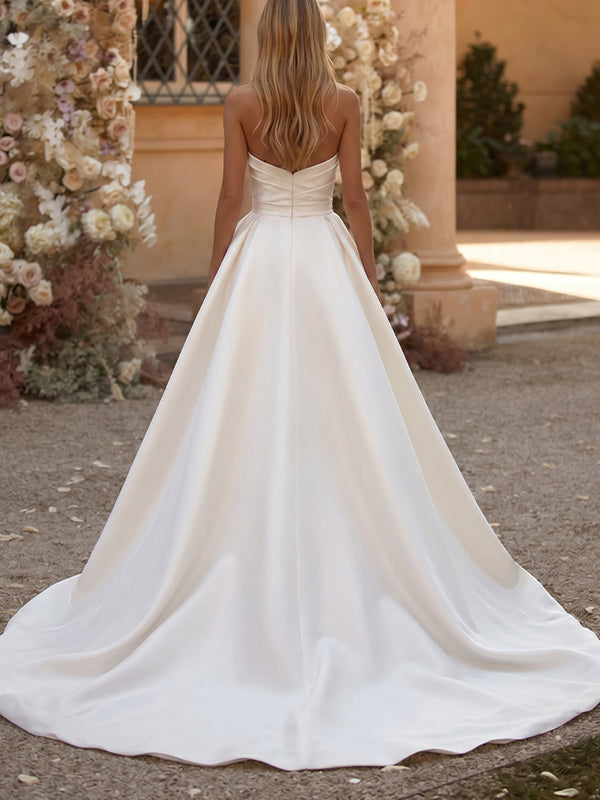 Sheath/Column Straight Pleated Sweep Train Satin Wedding Dresses