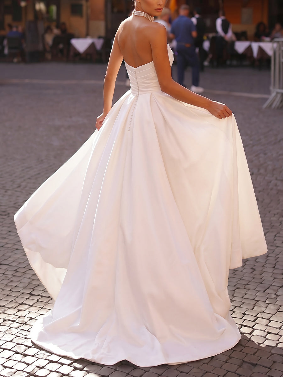 A-line/Princess Sweetheart Pleated Sweep Train Satin Wedding Dresses