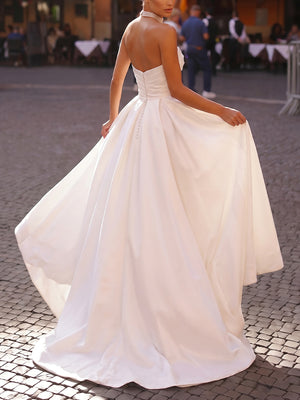 A-line/Princess Sweetheart Pleated Sweep Train Satin Wedding Dresses