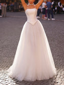 A-line/Princess Straight Pleated Floor-Length Tulle Wedding Dresses