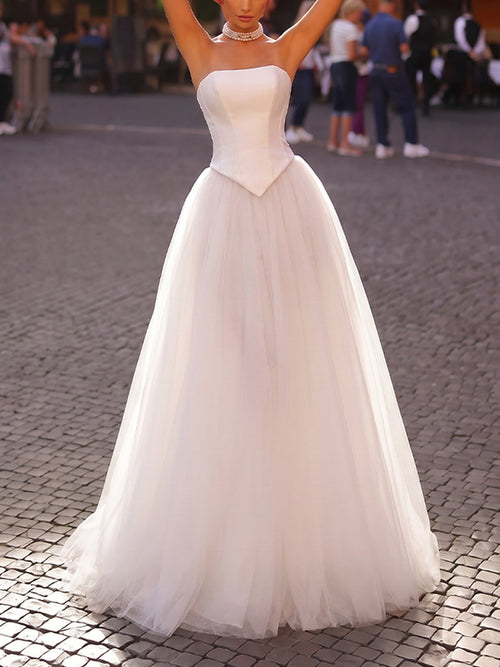 A-line/Princess Straight Pleated Floor-Length Tulle Wedding Dresses