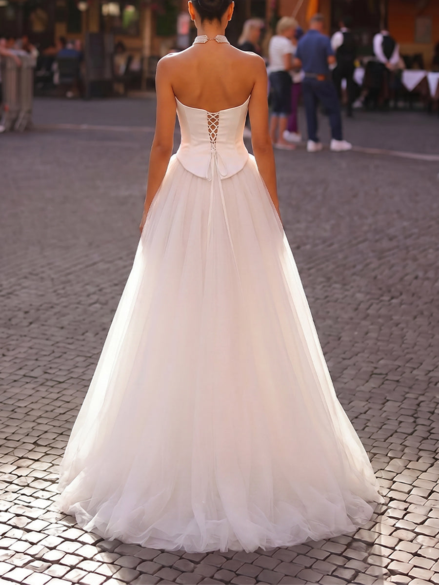A-line/Princess Straight Pleated Floor-Length Tulle Wedding Dresses