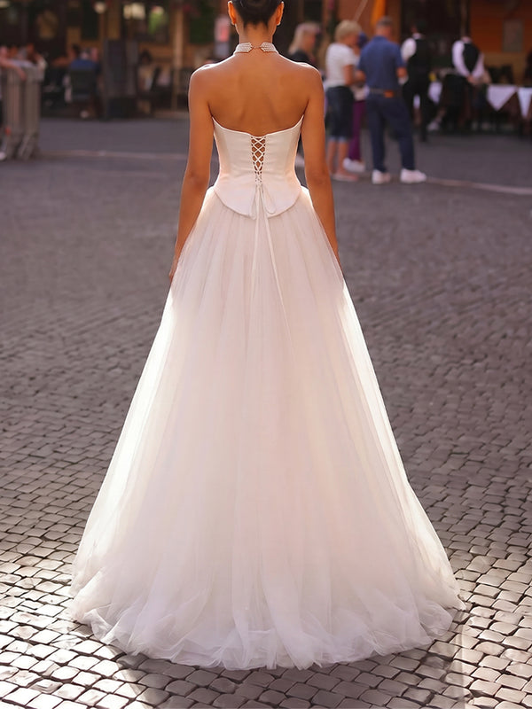 A-line/Princess Straight Pleated Floor-Length Tulle Wedding Dresses