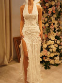 Sheath/Column Halter Appliques Lace Sweep Train Lace Wedding Dresses