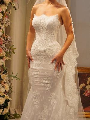 Trumpet/Mermaid Straight Long Sleeves Lace Sweep Train Lace Wedding Dresses