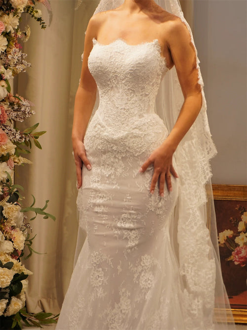 Trumpet/Mermaid Straight Long Sleeves Lace Sweep Train Lace Wedding Dresses