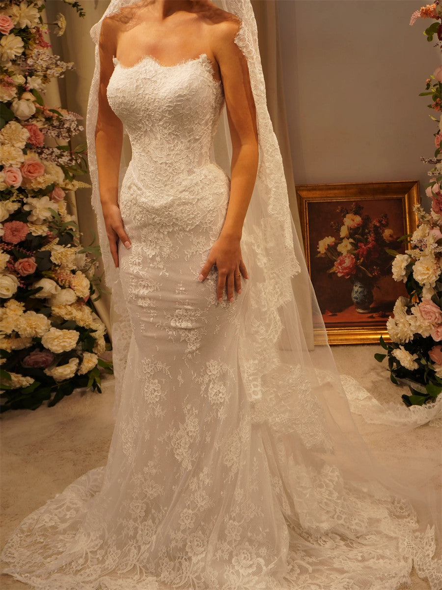 Trumpet/Mermaid Straight Long Sleeves Lace Sweep Train Lace Wedding Dresses