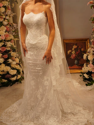 Trumpet/Mermaid Straight Long Sleeves Lace Sweep Train Lace Wedding Dresses