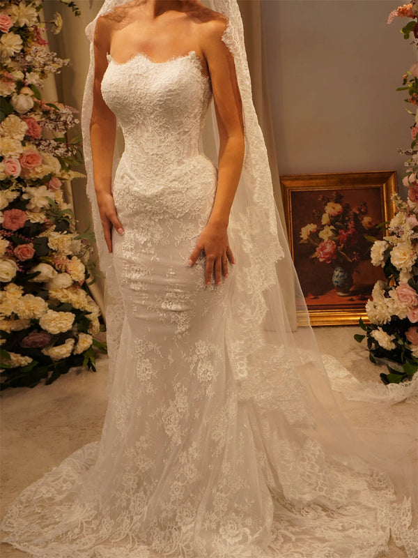 Trumpet/Mermaid Straight Long Sleeves Lace Sweep Train Lace Wedding Dresses
