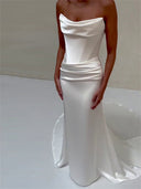 Sheath/Column Straight Pleated Court Train Silk Like Satin Wedding Dresses