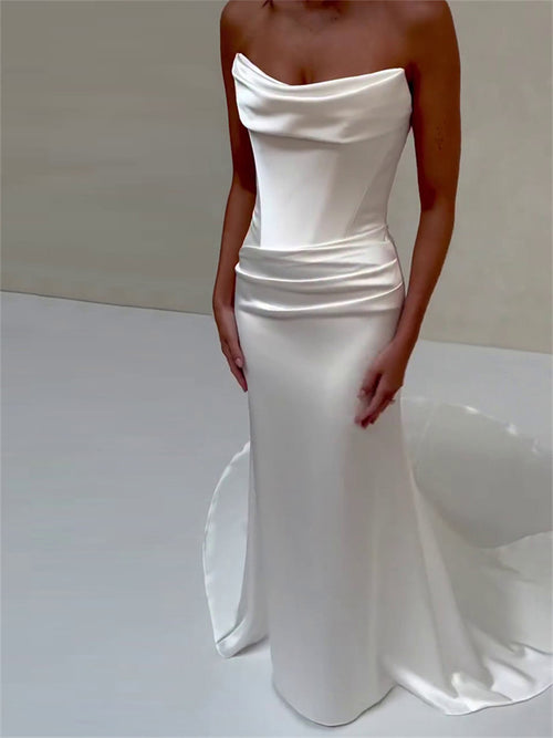 Sheath/Column Straight Pleated Court Train Silk Like Satin Wedding Dresses