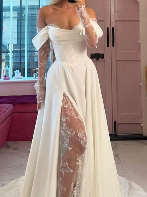 A-line/Princess Off-the-Shoulder Long Sleeves Lace Court Train Stretch Crepe Wedding Dresses