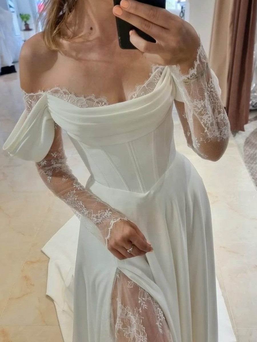 A-line/Princess Off-the-Shoulder Long Sleeves Lace Court Train Stretch Crepe Wedding Dresses