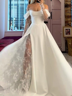 A-line/Princess Off-the-Shoulder Long Sleeves Lace Court Train Stretch Crepe Wedding Dresses