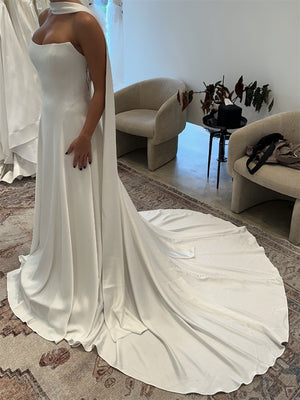 A-line/Princess Straight Ruffles Court Train Stretch Crepe Wedding Dresses