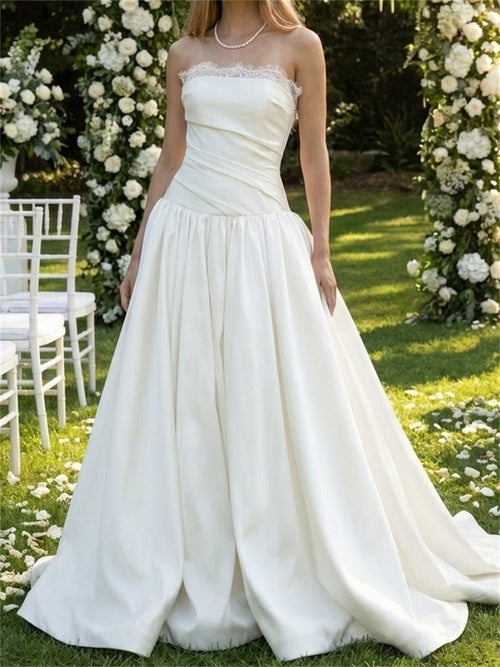 A-line/Princess Straight Pleated Court Train Satin Wedding Dresses