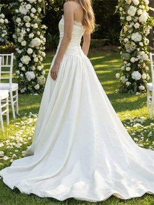 A-line/Princess Straight Pleated Court Train Satin Wedding Dresses