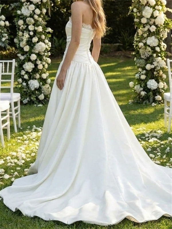 A-line/Princess Straight Pleated Court Train Satin Wedding Dresses