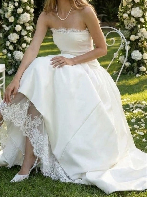 A-line/Princess Straight Pleated Court Train Satin Wedding Dresses