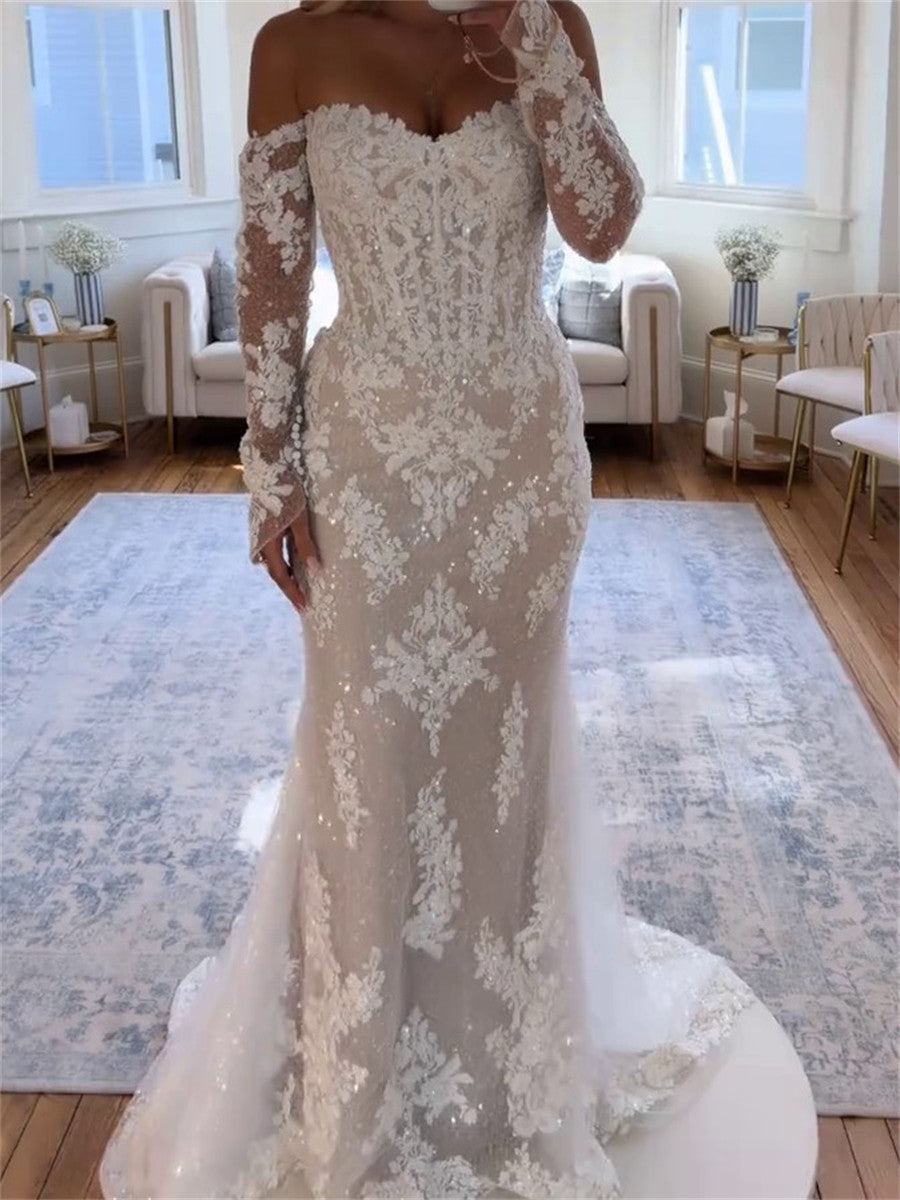 Sheath/Column Off-the-Shoulder Long Sleeves Appliques Lace Sweep Train Lace Wedding Dresses