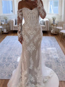 Sheath/Column Off-the-Shoulder Long Sleeves Appliques Lace Sweep Train Lace Wedding Dresses