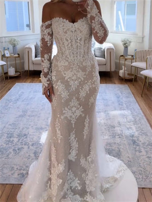 Sheath/Column Off-the-Shoulder Long Sleeves Appliques Lace Sweep Train Lace Wedding Dresses