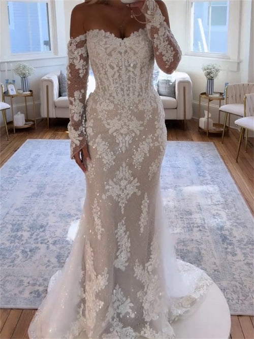 Sheath/Column Off-the-Shoulder Long Sleeves Appliques Lace Sweep Train Lace Wedding Dresses