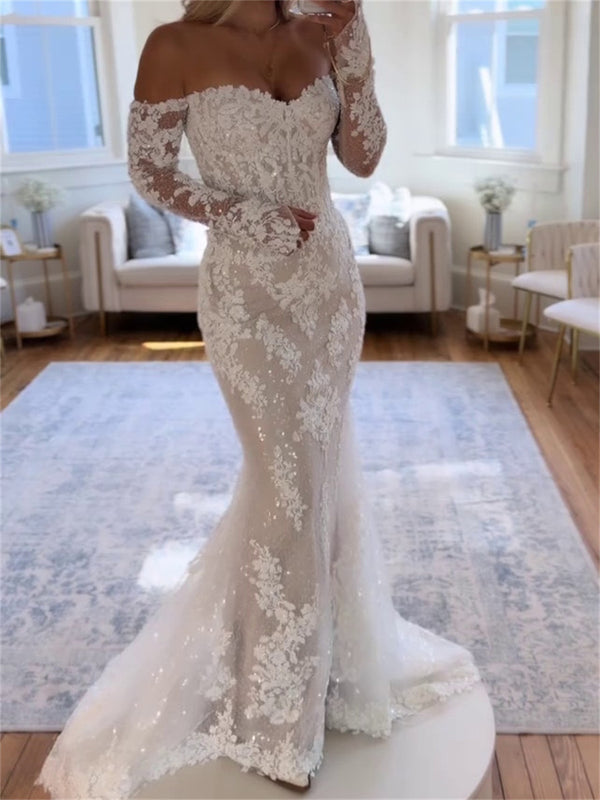 Sheath/Column Off-the-Shoulder Long Sleeves Appliques Lace Sweep Train Lace Wedding Dresses