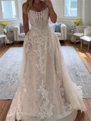 A-line/Princess Straight Appliques Lace Sweep Train Tulle Wedding Dresses