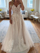A-line/Princess Off-the-Shoulder Appliques Lace Sweep Train Tulle Wedding Dresses