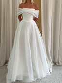 A-line/Princess Off-the-Shoulder Pleated Sweep Train Organza Wedding Dresses