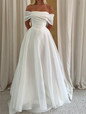 A-line/Princess Off-the-Shoulder Pleated Sweep Train Organza Wedding Dresses