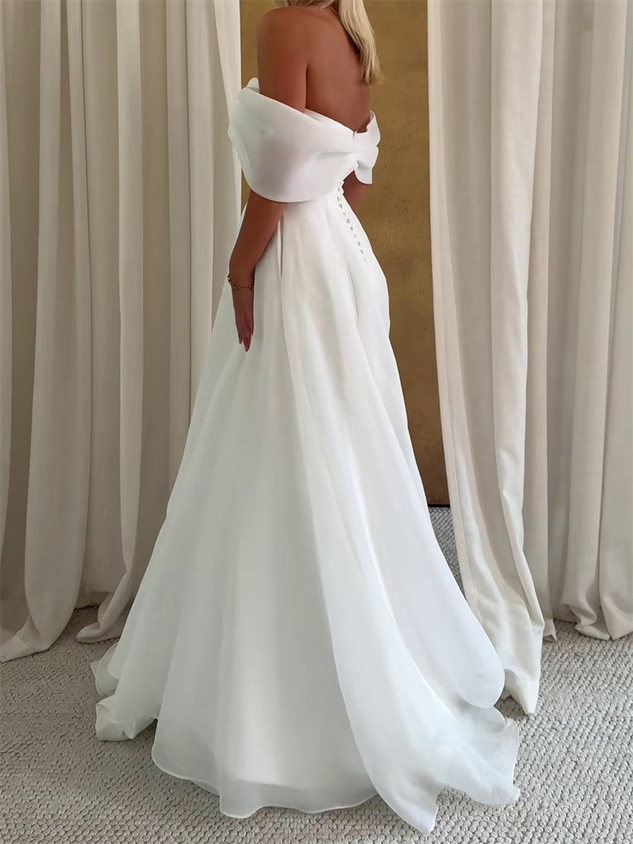 A-line/Princess Off-the-Shoulder Pleated Sweep Train Organza Wedding Dresses