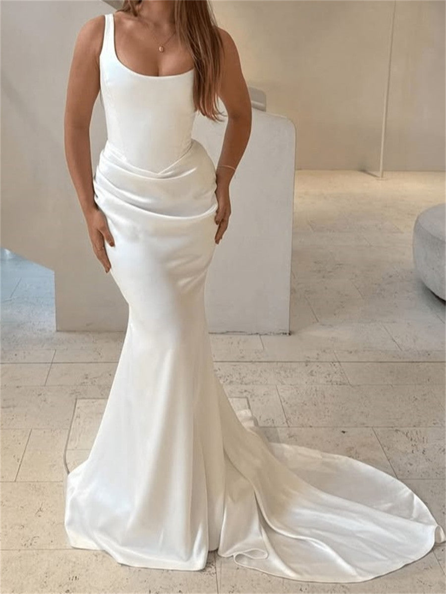Sheath/Column Scoop Pleated Court Train Satin Wedding Dresses
