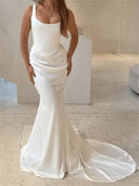 Sheath/Column Scoop Pleated Court Train Satin Wedding Dresses
