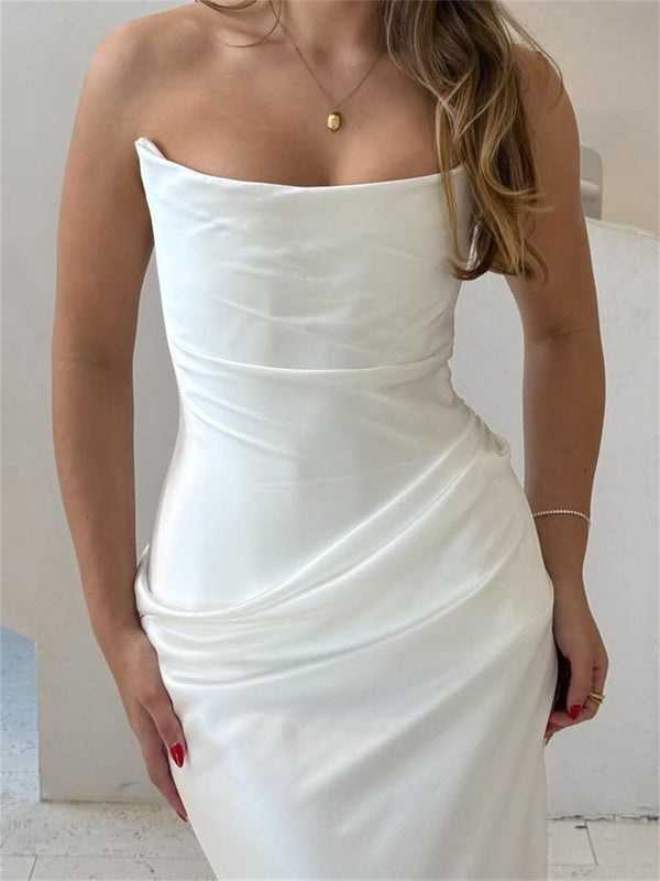 Sheath/Column Straight Pleated Court Train Satin Wedding Dresses