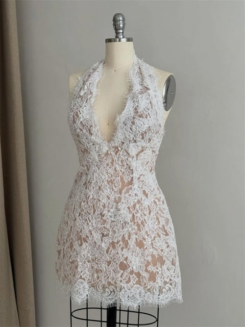 A-line/Princess Halter Lace Short/Mini Lace Wedding Dresses