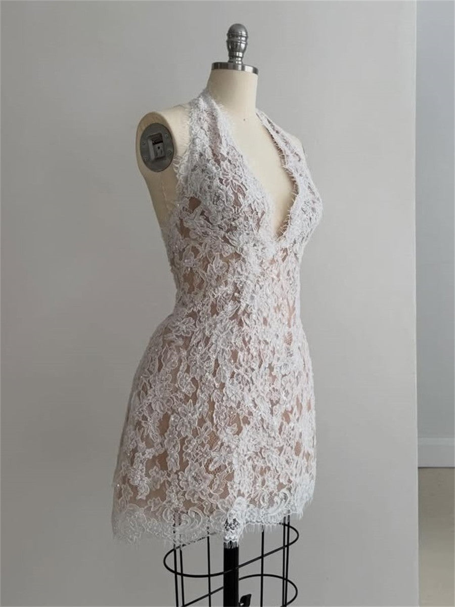 A-line/Princess Halter Lace Short/Mini Lace Wedding Dresses
