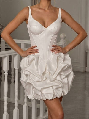 Sheath/Column V-neck Pleated Short/Mini Satin Wedding Dresses