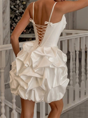Sheath/Column V-neck Pleated Short/Mini Satin Wedding Dresses