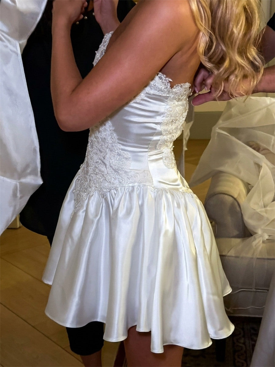 A-line/Princess Sweetheart Appliques Lace Short/Mini Satin Wedding Dresses
