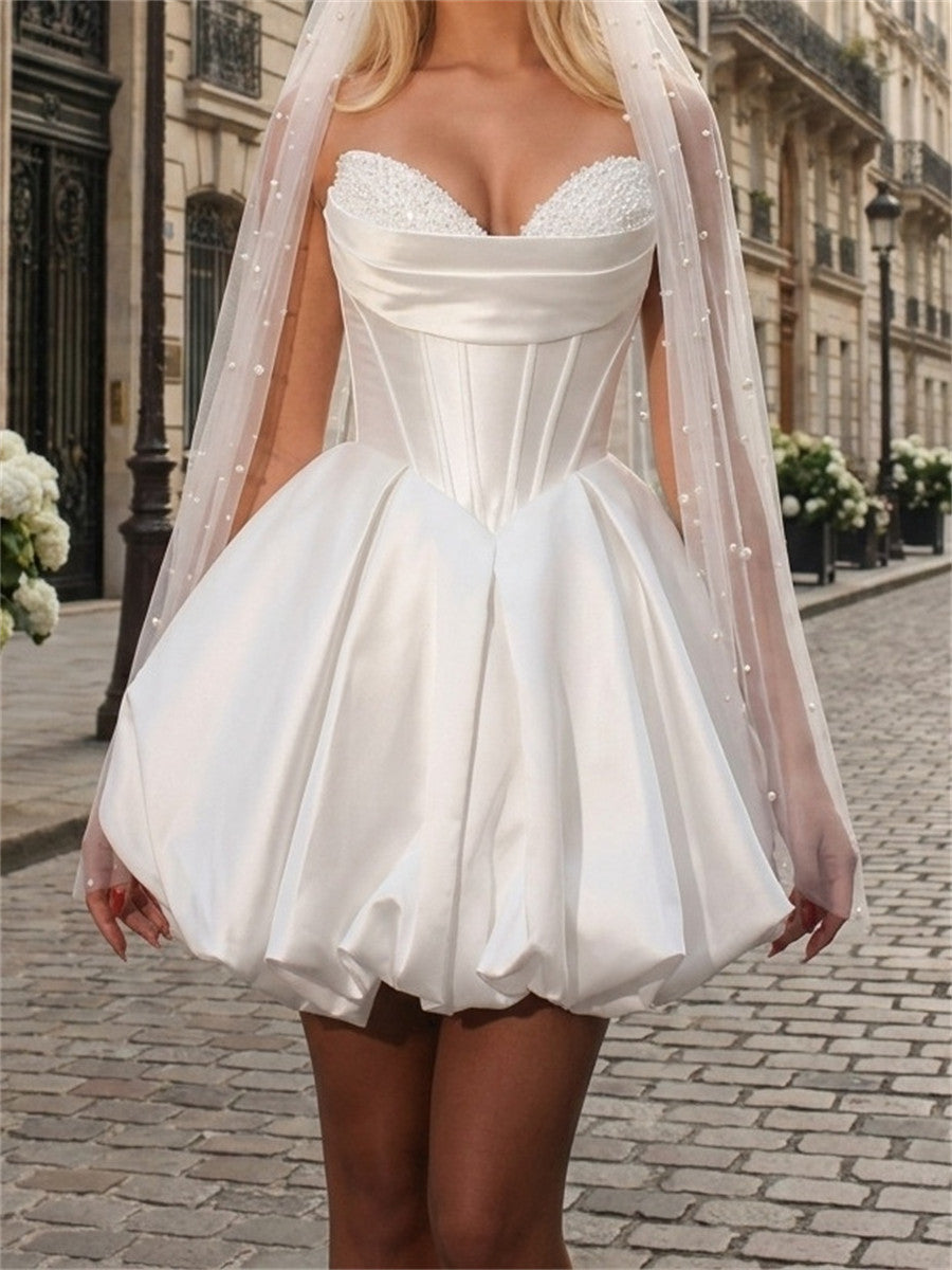 A-line/Princess Sweetheart Pleated Short/Mini Satin Wedding Dresses