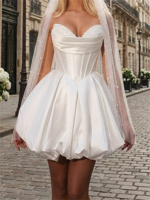 A-line/Princess Sweetheart Pleated Short/Mini Satin Wedding Dresses